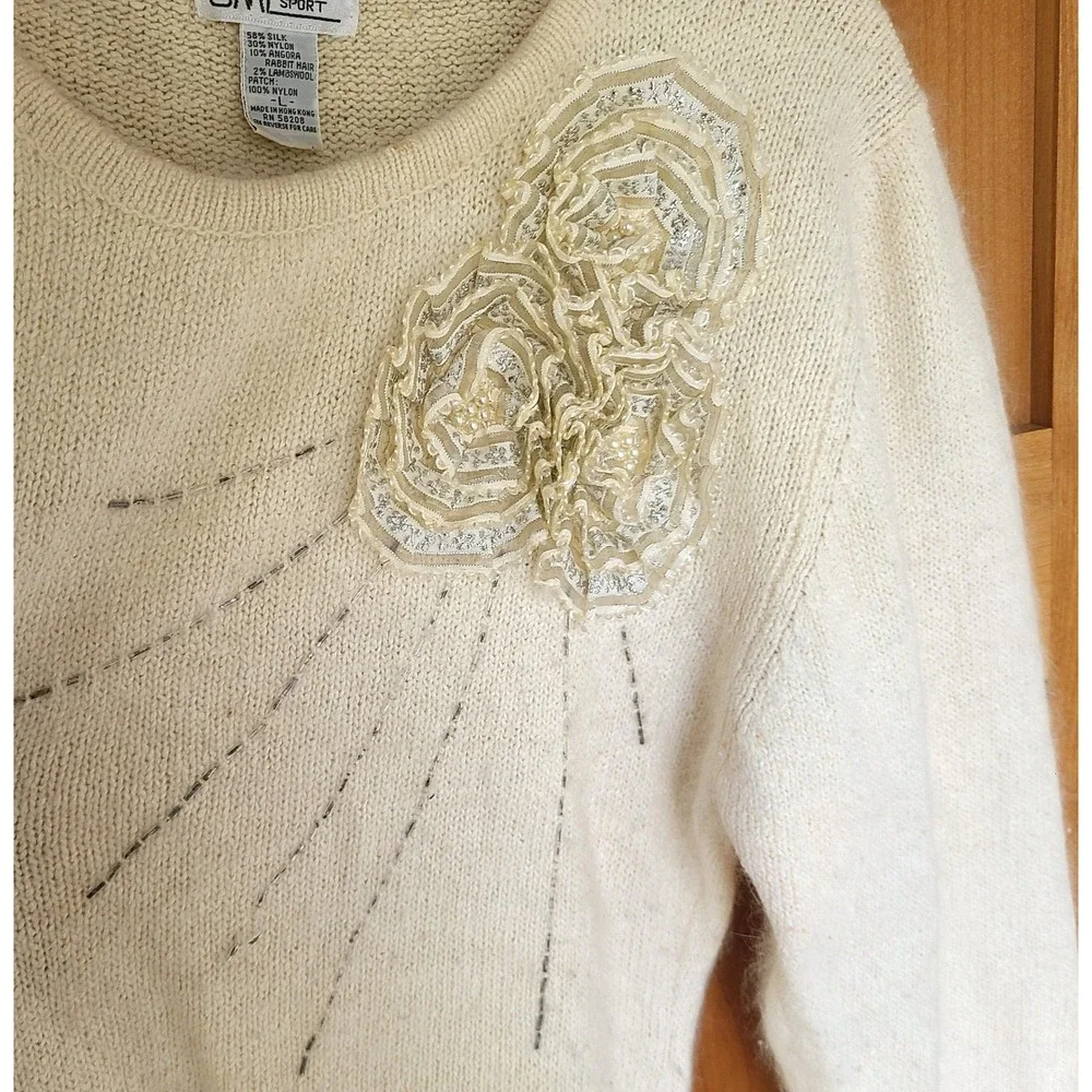 Vintage SML Silk Angora Lambs Wool LARGE Cream Sweater Beaded Flower Cottagecore